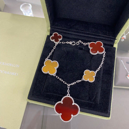 [✨ROSE💎]CLOVER 5 MOTIFS SIVLER CARNELIAN TIGER EYE BRACELET