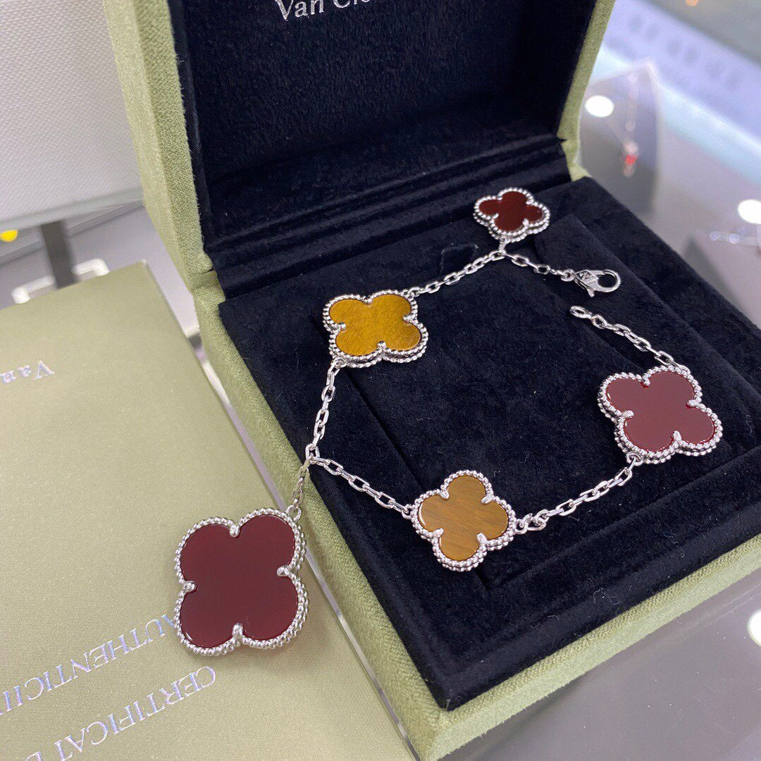 [✨ROSE💎]CLOVER 5 MOTIFS SIVLER CARNELIAN TIGER EYE BRACELET