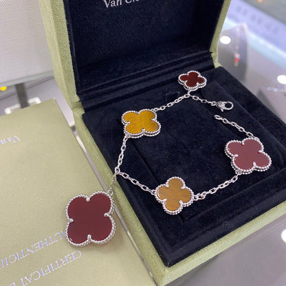 [✨ROSE💎]CLOVER 5 MOTIFS SIVLER CARNELIAN TIGER EYE BRACELET
