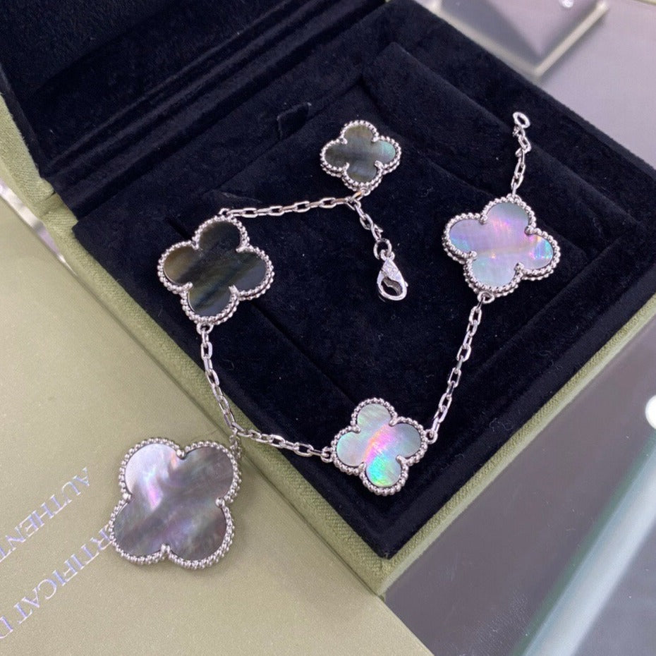 [✨ROSE💎]CLOVER 5 MOTIFS SIVLER DARK MOP BRACELET