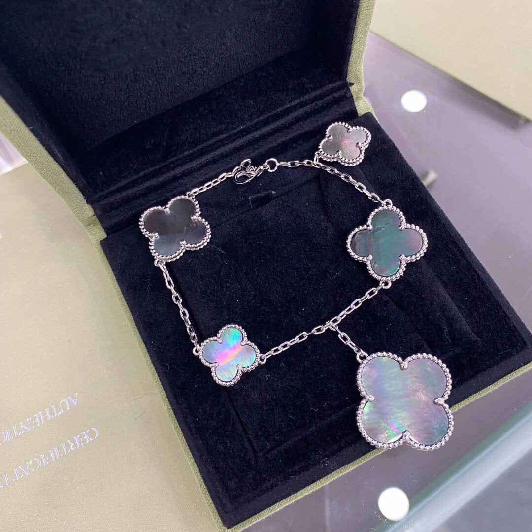 [✨ROSE💎]CLOVER 5 MOTIFS SIVLER DARK MOP BRACELET