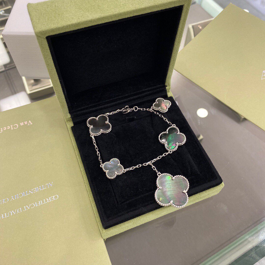 [✨ROSE💎]CLOVER 5 MOTIFS SIVLER DARK MOP BRACELET