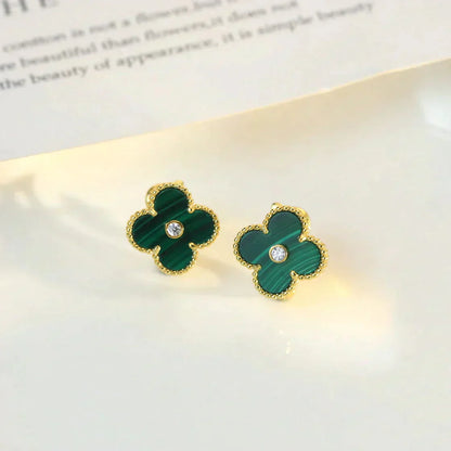 [✨ROSE💎]CLOVER MEDIUM 1 MOTIFS MALACHITE DIAMOND EARRINGS