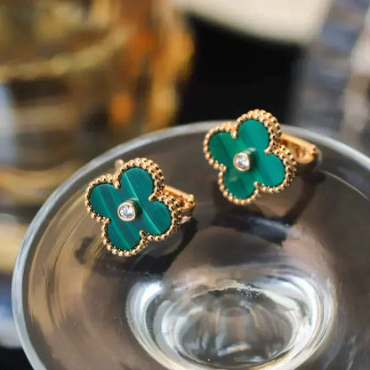 [✨ROSE💎]CLOVER MEDIUM 1 MOTIFS MALACHITE DIAMOND EARRINGS