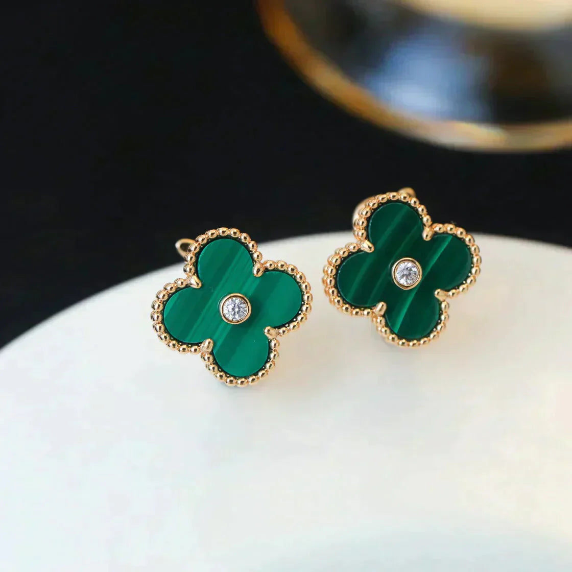 [✨ROSE💎]CLOVER MEDIUM 1 MOTIFS MALACHITE DIAMOND EARRINGS