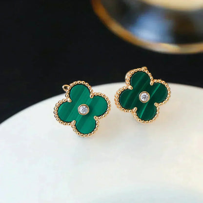 [✨ROSE💎]CLOVER MEDIUM 1 MOTIFS MALACHITE DIAMOND EARRINGS