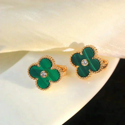 [✨ROSE💎]CLOVER MEDIUM 1 MOTIFS MALACHITE DIAMOND EARRINGS