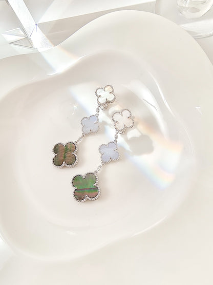 [✨ROSE💎]CLOVER 3 MOTIFS CHALCEDONY DARK MOP SILVER EARRINGS