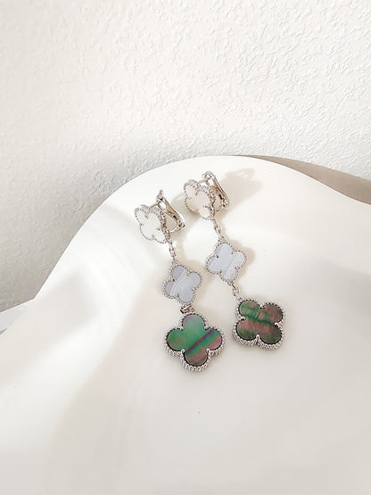 [✨ROSE💎]CLOVER 3 MOTIFS CHALCEDONY DARK MOP SILVER EARRINGS