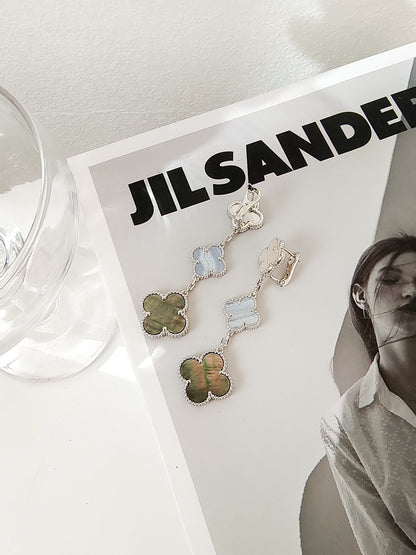 [✨ROSE💎]CLOVER 3 MOTIFS CHALCEDONY DARK MOP SILVER EARRINGS