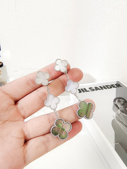 [✨ROSE💎]CLOVER 3 MOTIFS CHALCEDONY DARK MOP SILVER EARRINGS