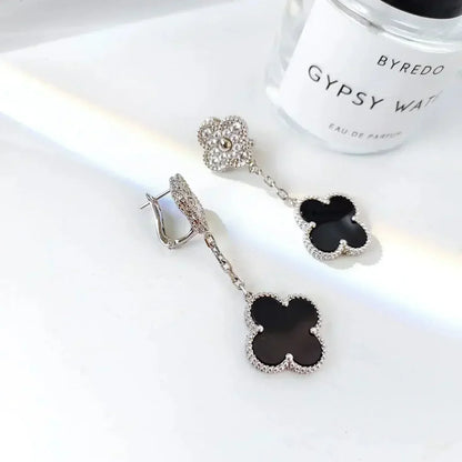 [✨ROSE💎]CLOVER 2 MOTIFS  DIAMOND ONYX EARRINGS SILVER