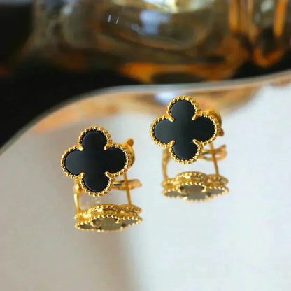 [✨ROSE💎]CLOVER MEDIUM 1 MOTIFS  ONYX STUD EARRINGS