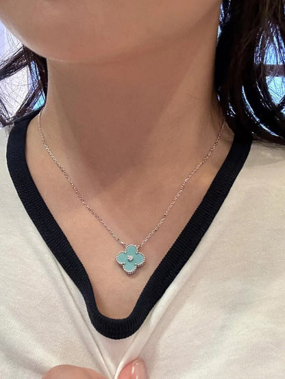 [✨ROSE💎]CLOVER 1 DIAMOND LIGHT BLUE SILVER NECKLACE