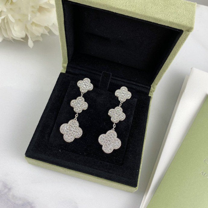 [✨ROSE💎]CLOVER 3 MOTIF DIAMOND SILVER DROP EARRINGS