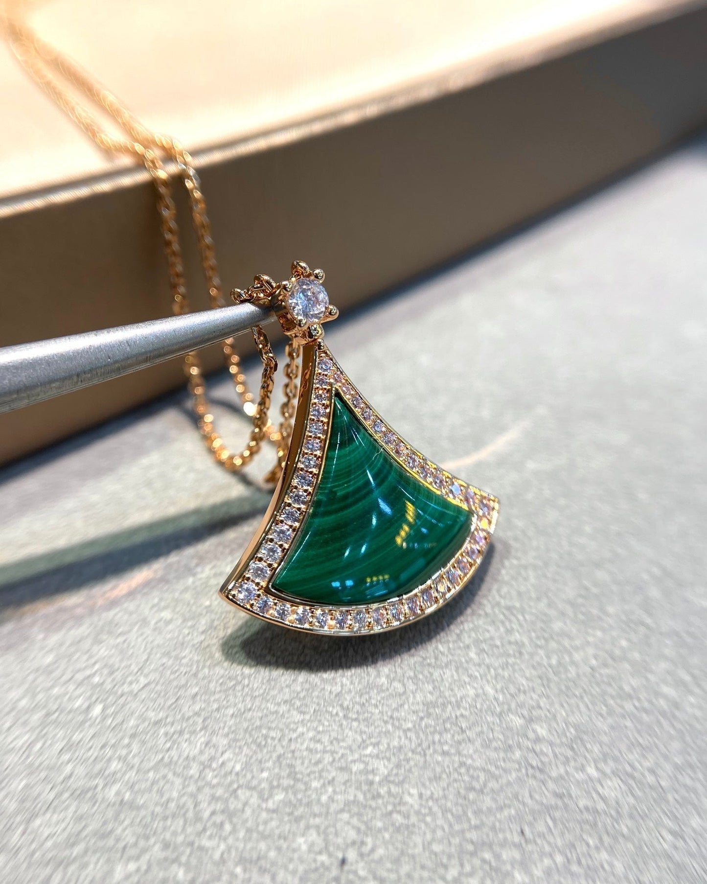 [✨ROSE💎]DREAM MALACHITE DIAMOND PAVED PINK GOLD NECKLACE