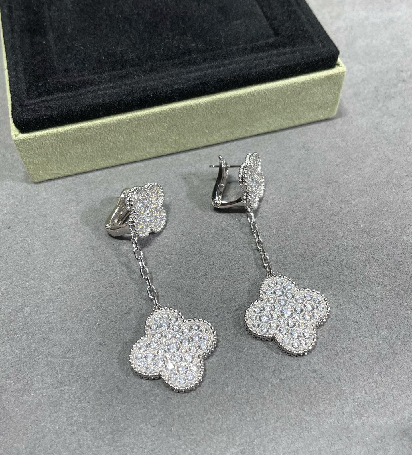 [✨ROSE💎]CLOVER 2 MOTIFS DIAMOND PAVED SILVER EARRINGS