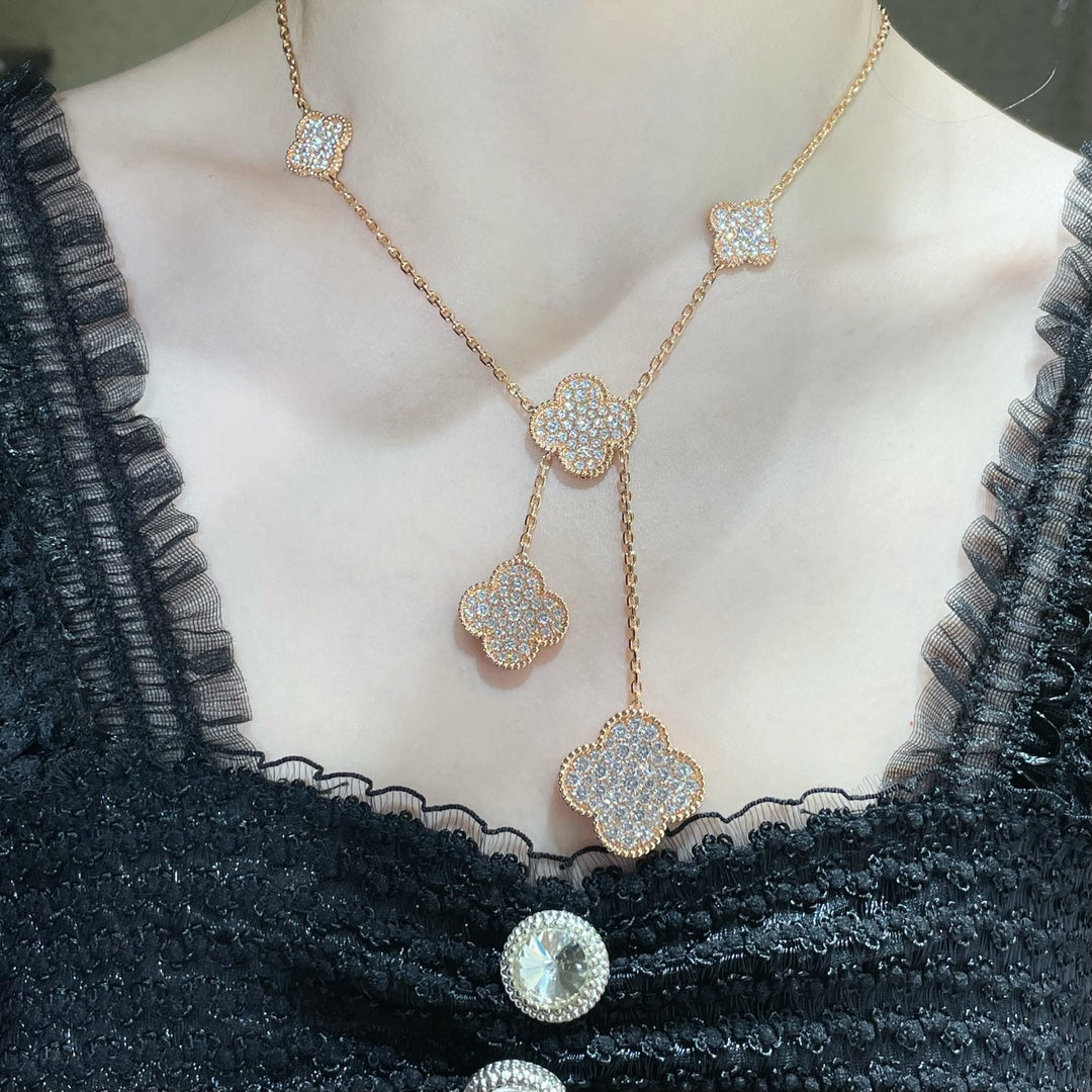 [✨ROSE💎]CLOVER 6 MOTIF DIAMOND PAVED NECKLACE