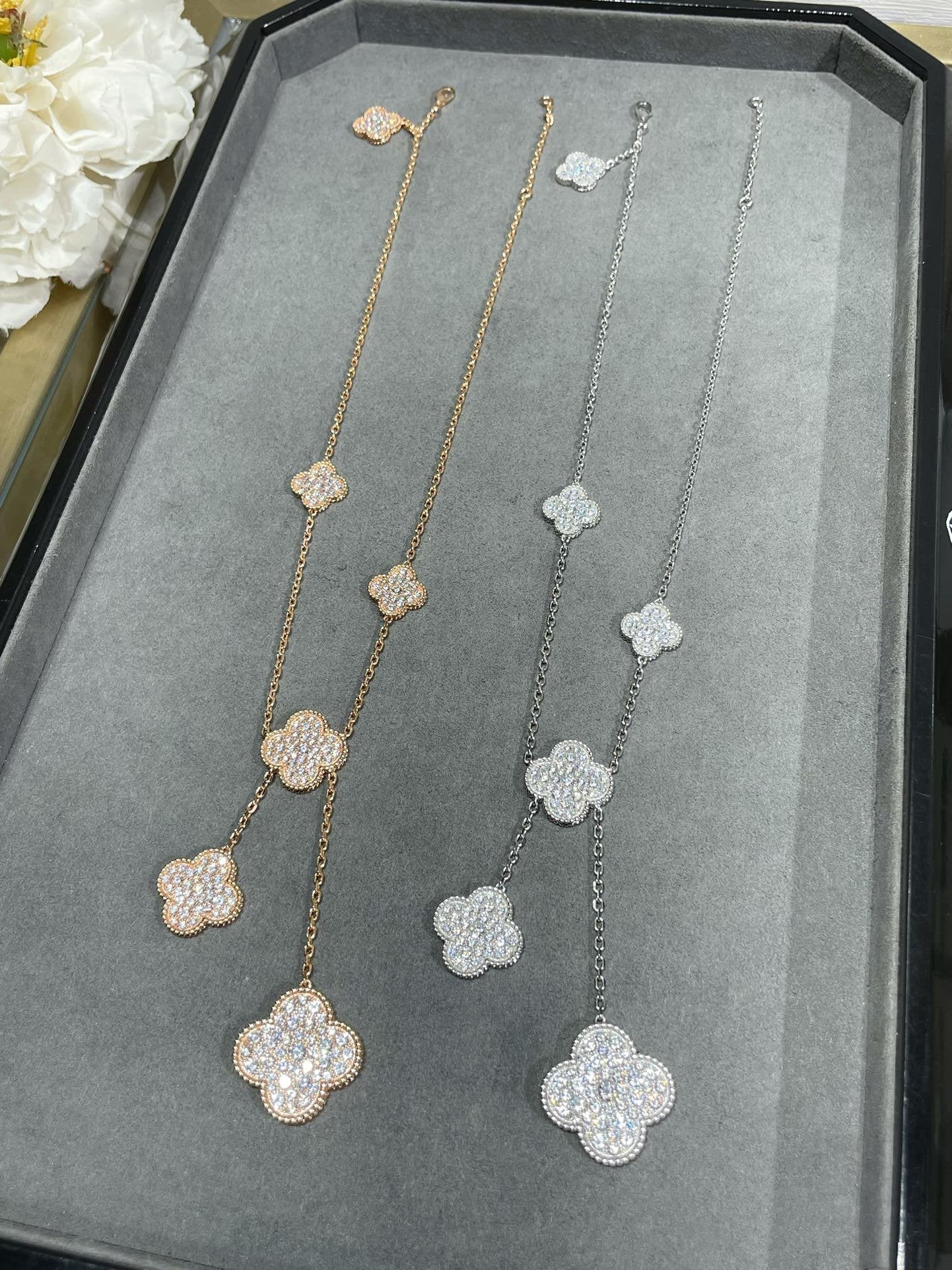 [✨ROSE💎]CLOVER 6 MOTIF DIAMOND PAVED NECKLACE