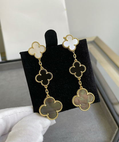 [✨ROSE💎]CLOVER 3 MOTIF MOP ONYX DARK MOP PINK GOLD EARRINGS