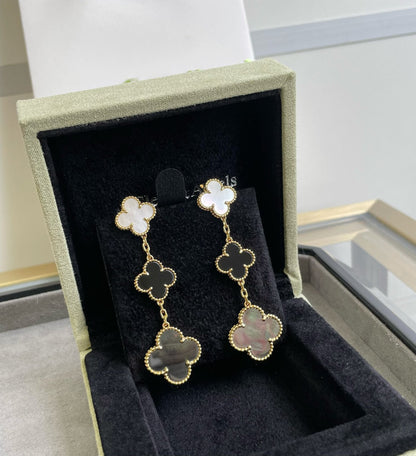 [✨ROSE💎]CLOVER 3 MOTIF MOP ONYX DARK MOP PINK GOLD EARRINGS