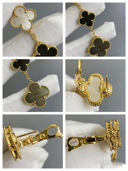 [✨ROSE💎]CLOVER 3 MOTIF MOP ONYX DARK MOP PINK GOLD EARRINGS