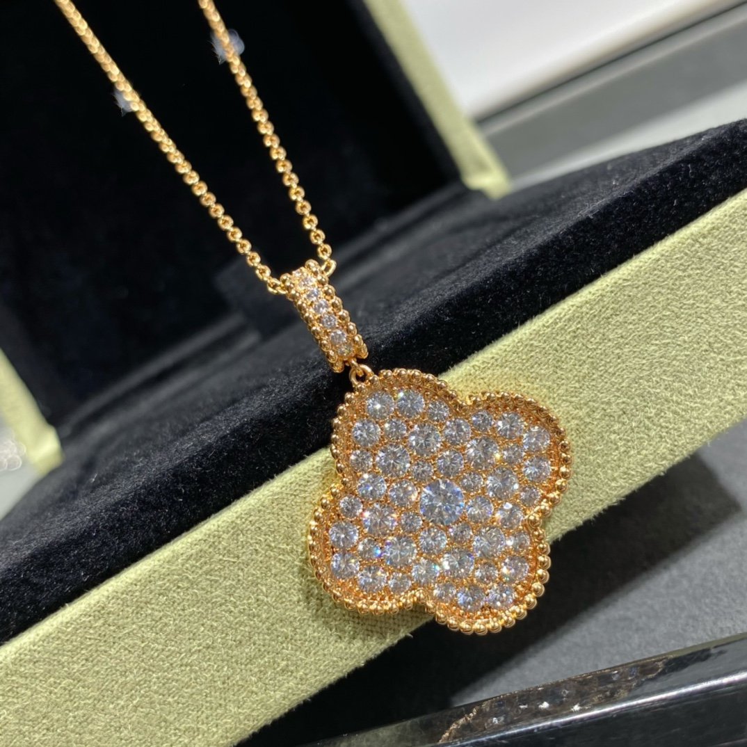[✨ROSE💎]CLOVER 25MM LARGE PEDANT DIAMOND PAVED LONG NECKLACE