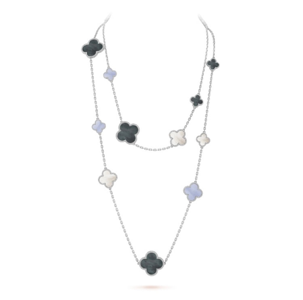 [✨ROSE💎]CLOVER 16 MOTIF CHALCEDONY MOP SILVER NECKLACE