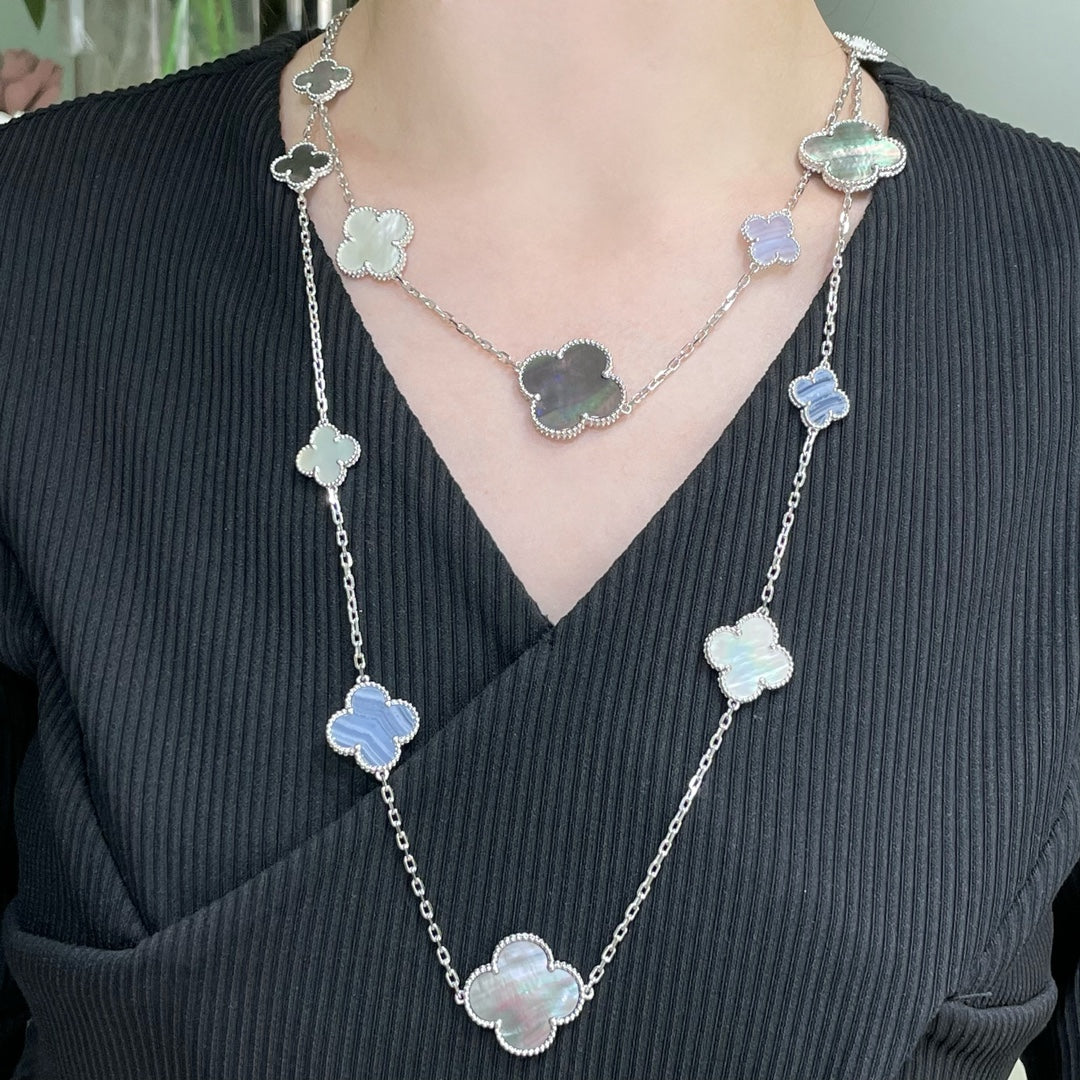 [✨ROSE💎]CLOVER 16 MOTIF CHALCEDONY MOP SILVER NECKLACE