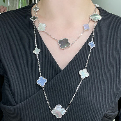 [✨ROSE💎]CLOVER 16 MOTIF CHALCEDONY MOP SILVER NECKLACE