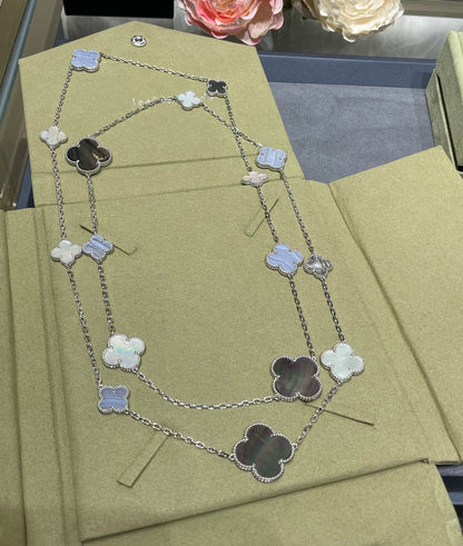 [✨ROSE💎]CLOVER 16 MOTIF CHALCEDONY MOP SILVER NECKLACE