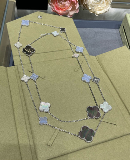 [✨ROSE💎]CLOVER 16 MOTIF CHALCEDONY MOP SILVER NECKLACE