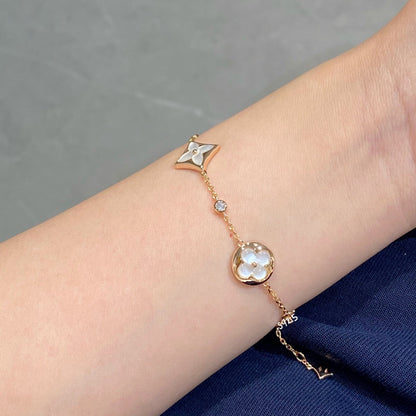 [✨ROSE💎]STAR AND SUN 4 MOTIF WHITE MOP PINK GOLD BRACELET