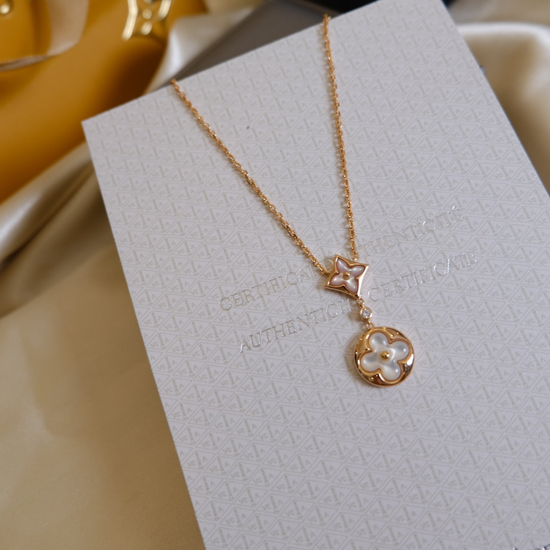 [✨ROSE💎]STAR AND SUN WHITE MOP 2 MOTIF PINK GOLD NECKLACE