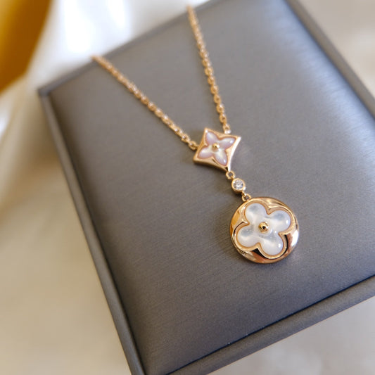 [✨ROSE💎]STAR AND SUN WHITE MOP 2 MOTIF PINK GOLD NECKLACE