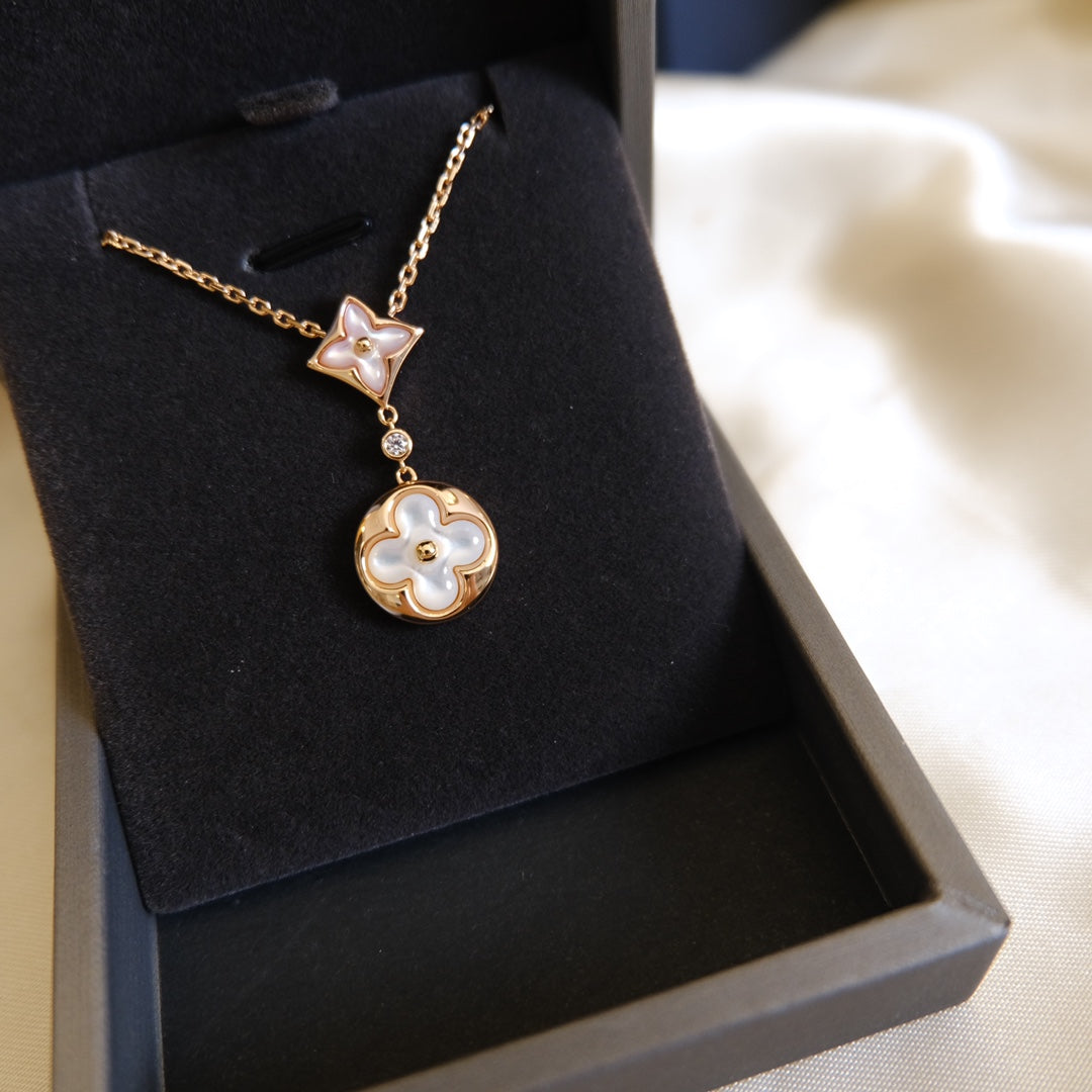 [✨ROSE💎]STAR AND SUN WHITE MOP 2 MOTIF PINK GOLD NECKLACE