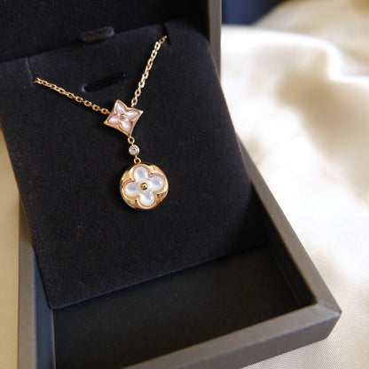 [✨ROSE💎]STAR AND SUN WHITE MOP 2 MOTIF PINK GOLD NECKLACE