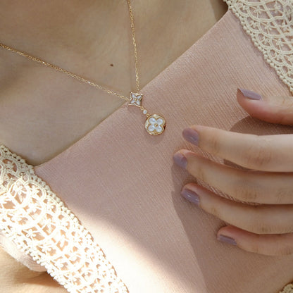 [✨ROSE💎]STAR AND SUN WHITE MOP 2 MOTIF PINK GOLD NECKLACE