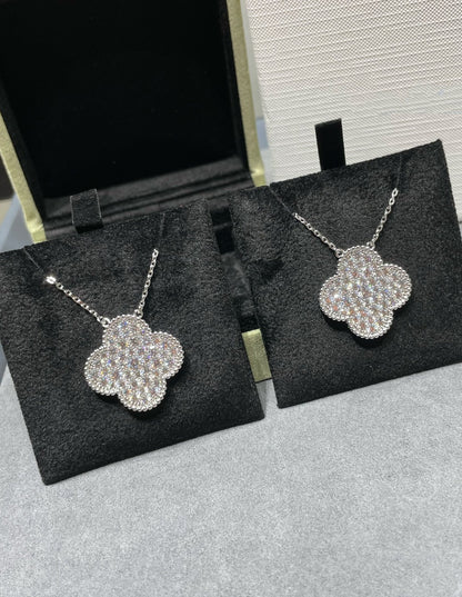 [✨ROSE💎]CLOVER 25MM LARGE PENDANT DIAMOND PAVED SILVER NECKLACE
