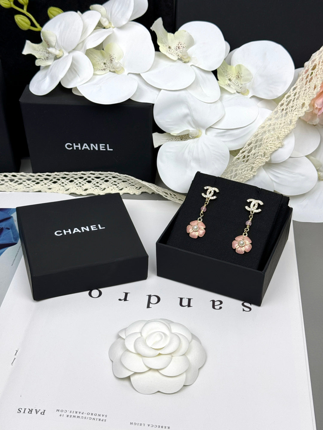 [✨ROSE💎]26C Pink Camellia Enamel Pendant with Double C Earrings
