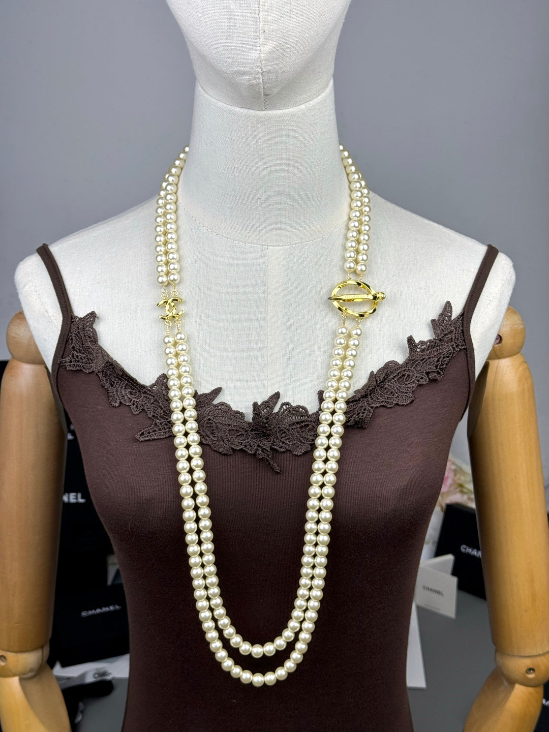 [✨ROSE💎]25K Pencil Double C Double-Layer Pearl Sweater Chain