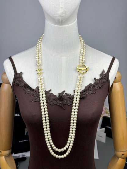 [✨ROSE💎]25K Pencil Double C Double-Layer Pearl Sweater Chain