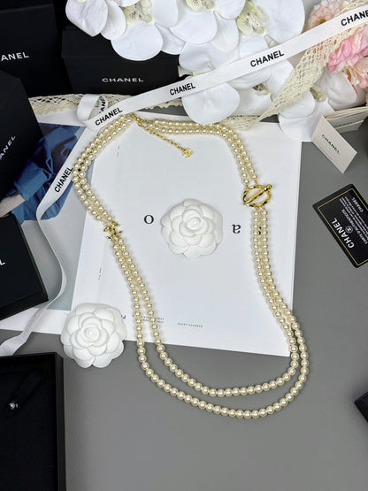 [✨ROSE💎]25K Pencil Double C Double-Layer Pearl Sweater Chain