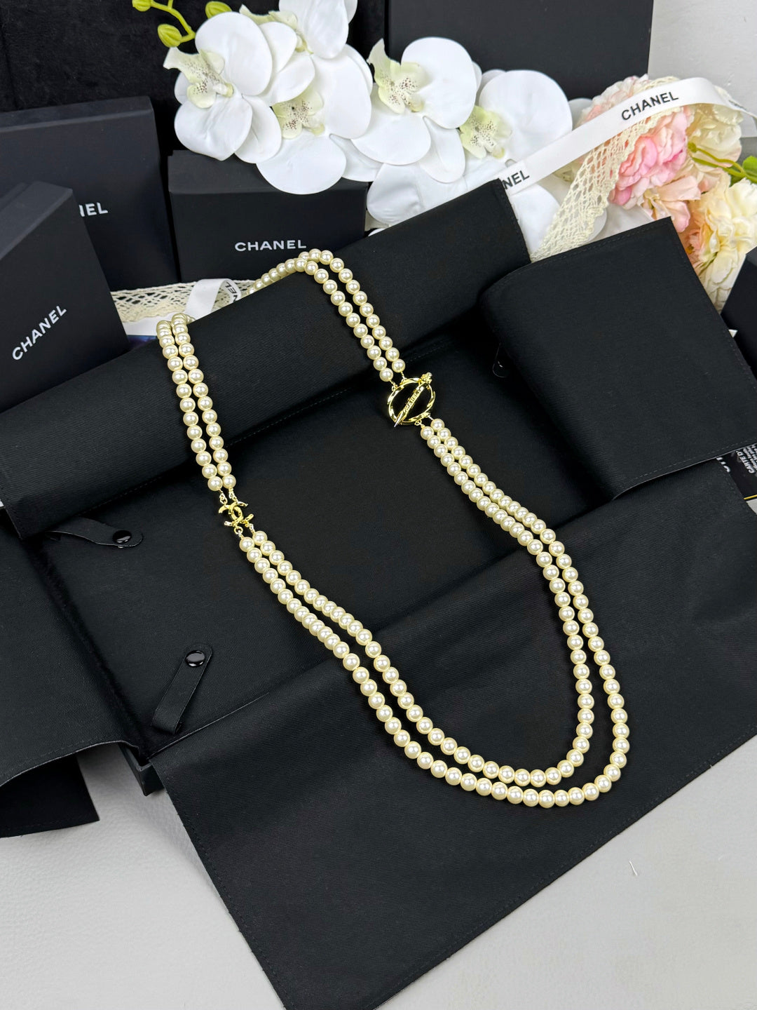 [✨ROSE💎]25K Pencil Double C Double-Layer Pearl Sweater Chain