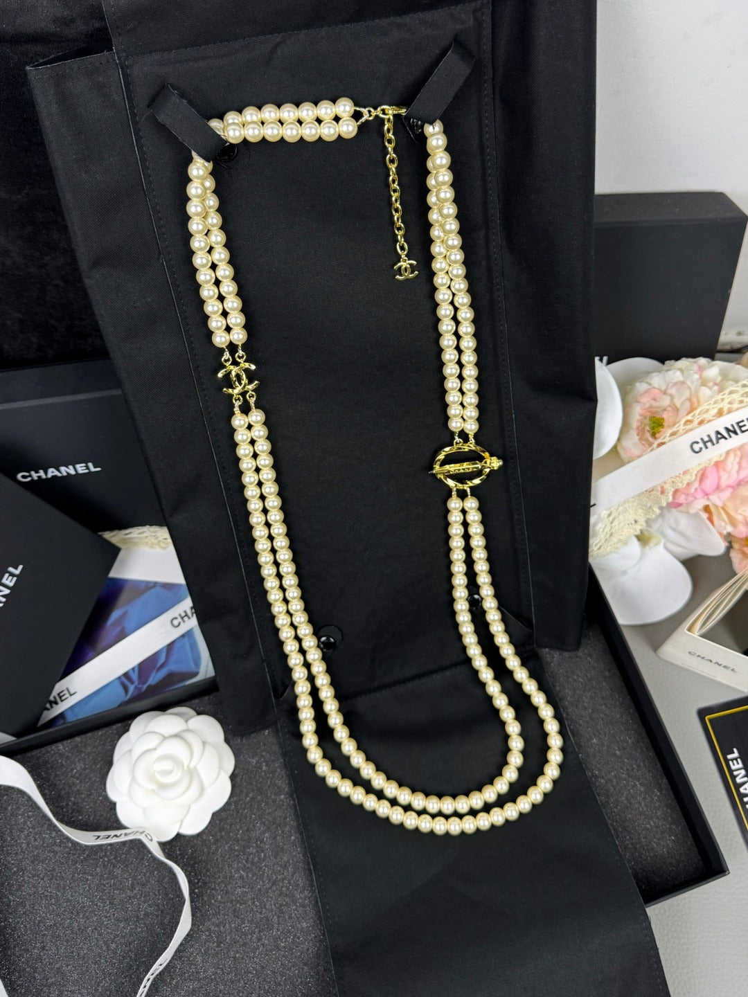 [✨ROSE💎]25K Pencil Double C Double-Layer Pearl Sweater Chain