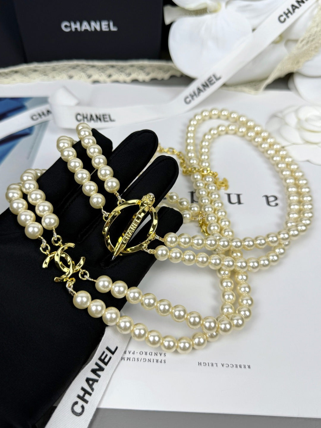 [✨ROSE💎]25K Pencil Double C Double-Layer Pearl Sweater Chain