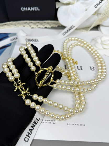 [✨ROSE💎]25K Pencil Double C Double-Layer Pearl Sweater Chain