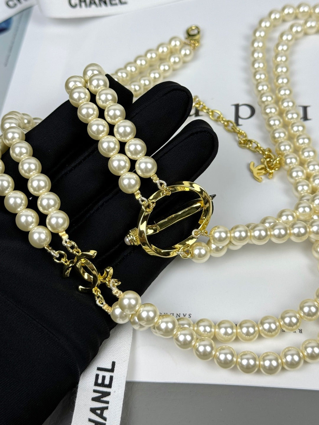 [✨ROSE💎]25K Pencil Double C Double-Layer Pearl Sweater Chain