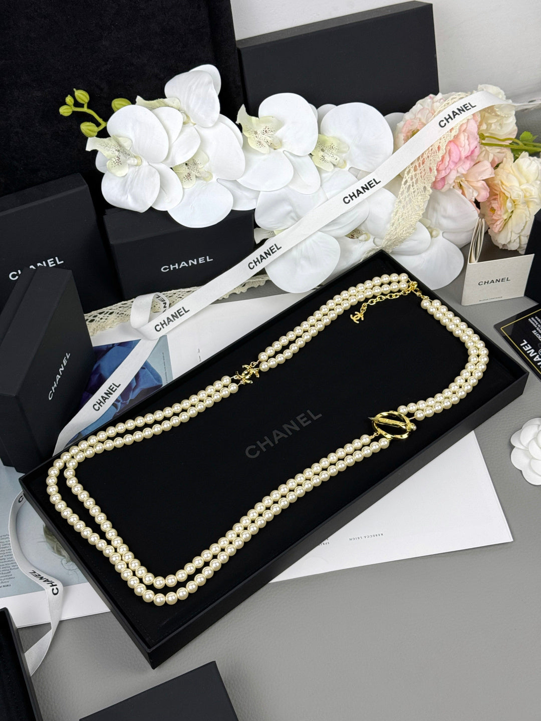 [✨ROSE💎]25K Pencil Double C Double-Layer Pearl Sweater Chain