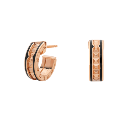 [✨ROSE💎]ZERO 1 ROCK PINK GOLD EARRINGS WITH STUDDED SPIRAL AND BLACK CERAMIC